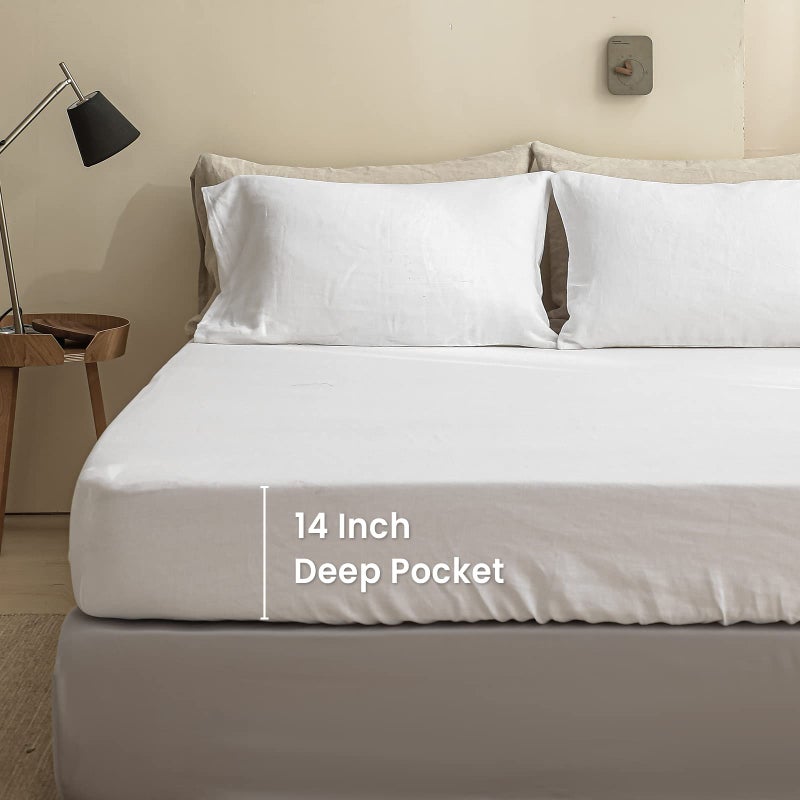 King Linens 100% Linen Fitted Sheet Stone Washed Solid Color - (1 Piece) 14 inch Deep Pocket Mattress Cover Soft Natural Breathable Farmhouse - White, Queen Size - Image 4